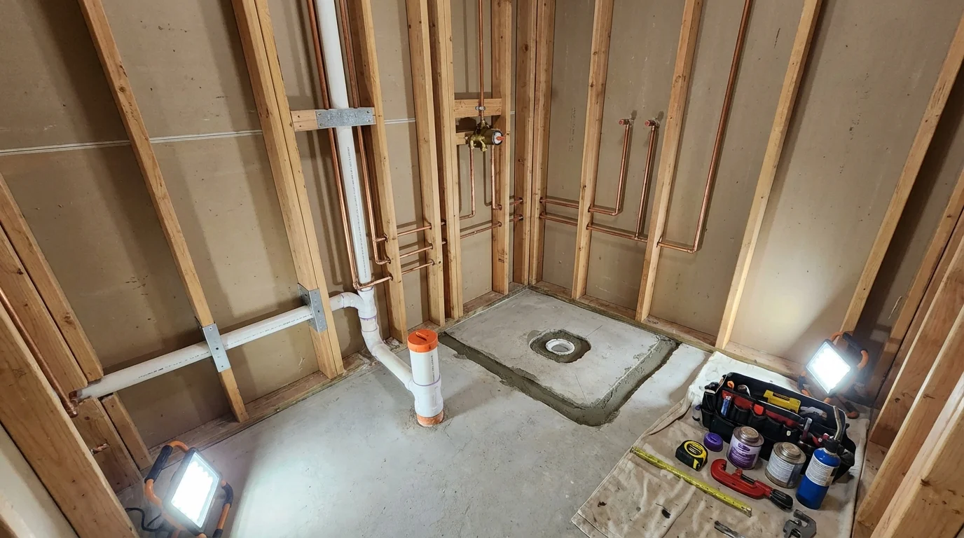 Bathroom rough-in plumbing during remodel by Johns Plumbing LLC in Indian Hills
