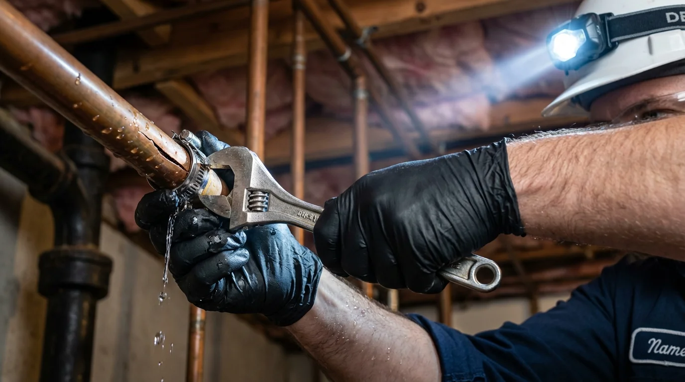 Emergency pipe clamp repair being performed by a Johns Plumbing LLC plumber in Indian Hills