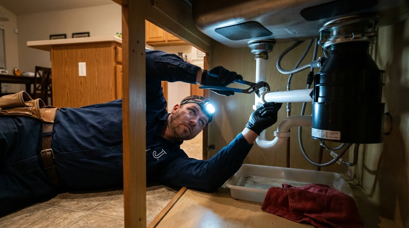 P-trap and supply line connections under a kitchen sink showing a common leak point in Indian Hills, CO